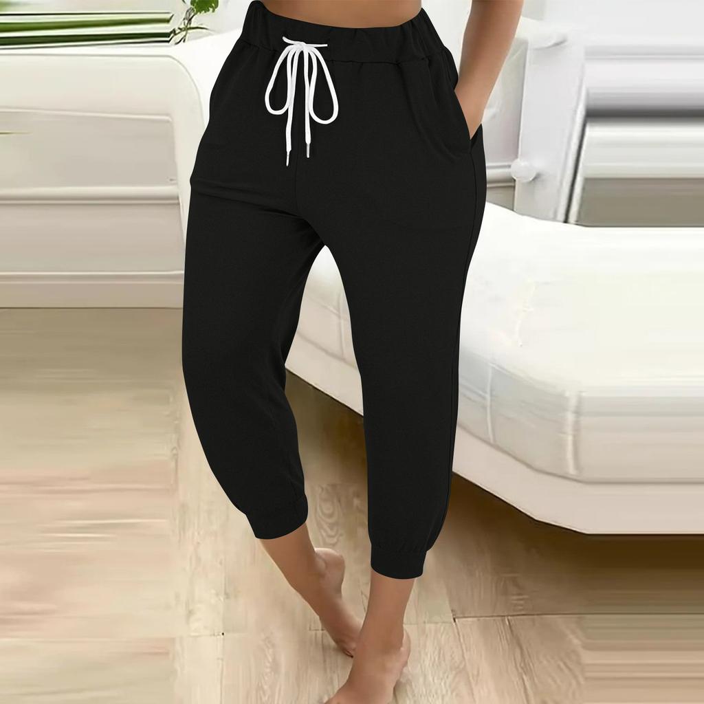 Women's Solid Color Loose Slimming Running Fitness Pants High Waist Lace-up Small Foot Pocket Nine-inch Pant