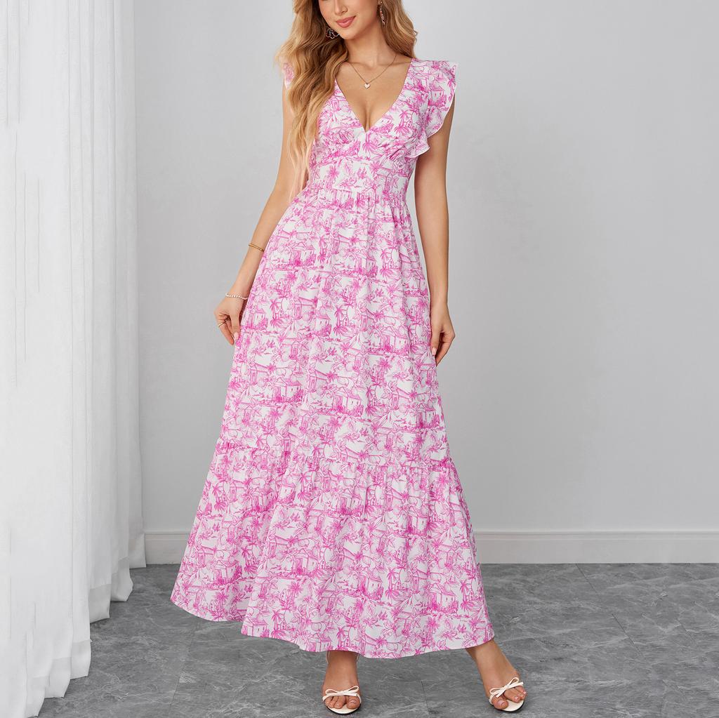 Summer new small fresh printing suspender dress, European and American sexy holiday style V-neck backless strap dress