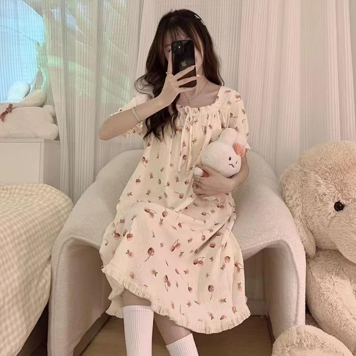 

Cloud cotton summer new nightgown women s one-word collar sweet and cute short-sleeved dress girl fringed loungewear 1 size (m-l)