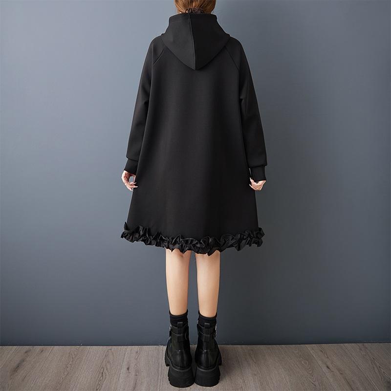 Long sleeve plus size Black cotton vintage hooded new in dresses for women casual loose midi spring autumn sweatershirt dress