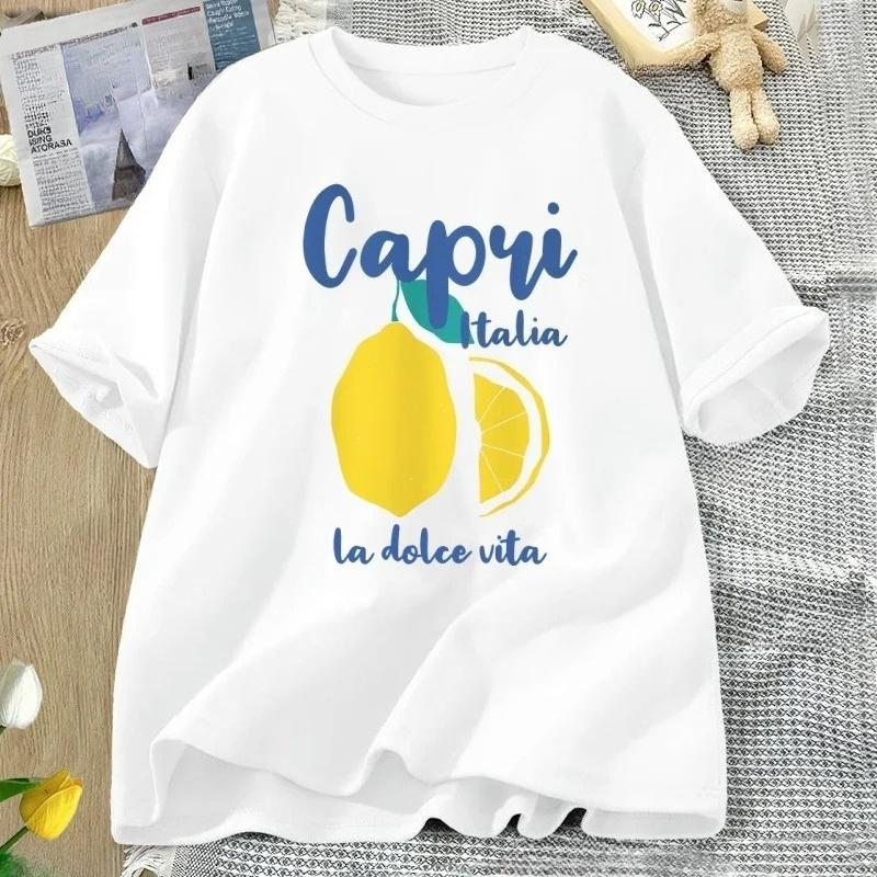 Capri Italy Lemon T Shirt La Dolce Vita Italian Girl T-Shirt Vintage Women Short Sleeve Lemon Clothes Streetwear Clothing