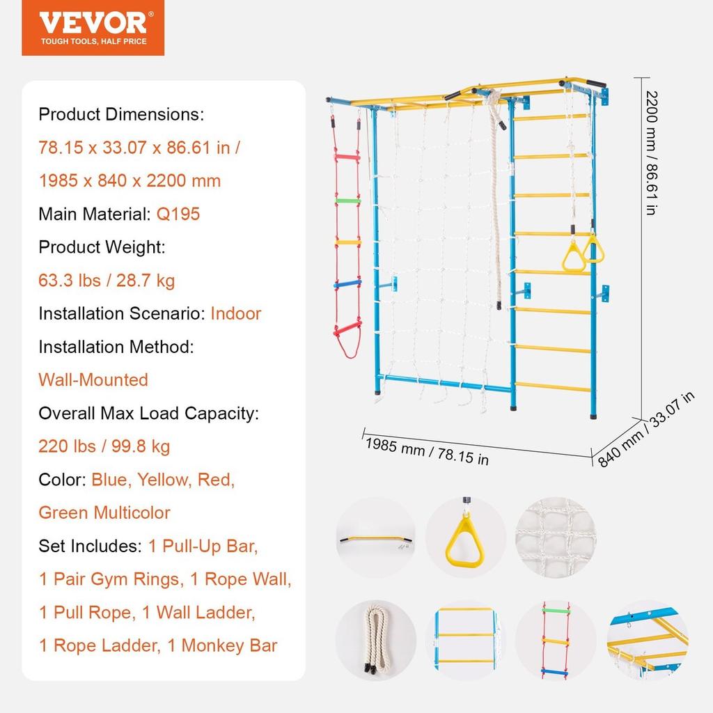 Wall Gym for Kids 7 In 1 Steel Indoor Kids Gym for Exercise Climbing Toys