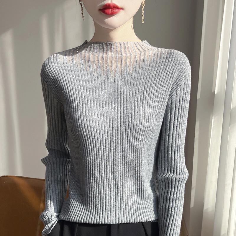 Women's Slim-Fit Wool Sweater with Rhinestone Design, Solid Color Base Layer