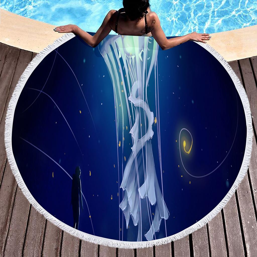 Jellyfish Round Beach Towel Microfiber Absorbent Quick Dry Sand Free Picnic Mat for Bathroom Pool Surf Travel Outdoor Meditation