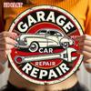 Vintage Metal Tin Sign Retro Garage Wall Art 2D Round Rustic Decor Car Tools Illustration Man Cave Workshop