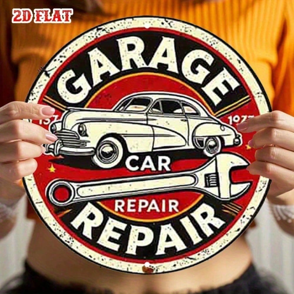Vintage Metal Tin Sign Retro Garage Wall Art 2D Round Rustic Decor Car Tools Illustration Man Cave Workshop