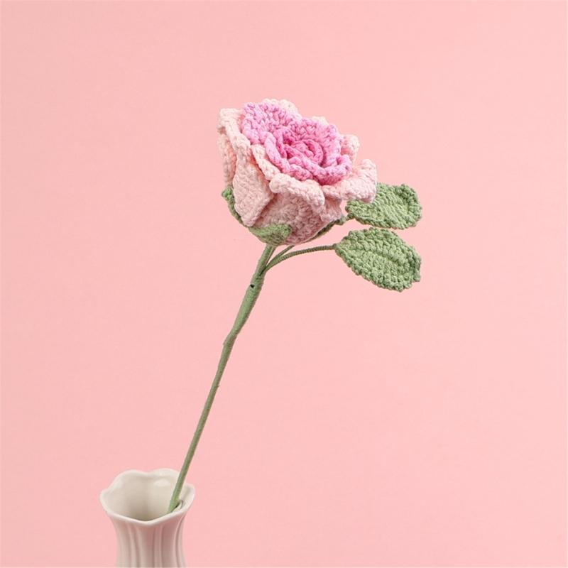 Handmade Knitted Flower Crochet Rose Flowers Artificial Flowers Home Decors Single Rose Flower Gift for Birthday Wedding