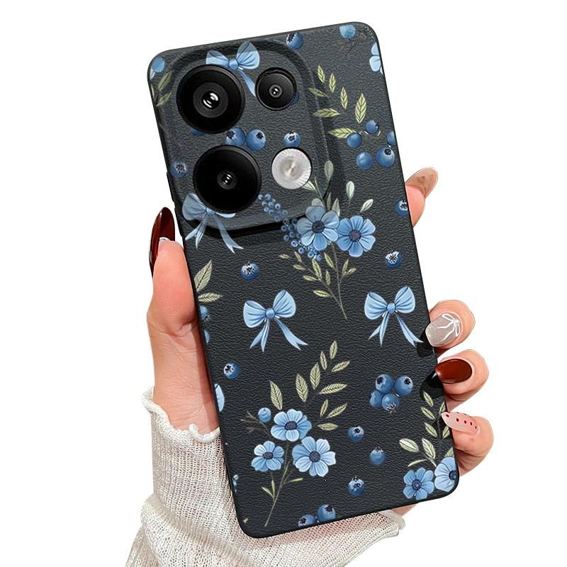 Blaubeere Schleifen Blumenmuster Hülle Für Xiaomi 14T 13T 11T Pro Funda Redmi Note 14 13 12 11 Pro 5G 4G Lederstruktur Silikonhülle