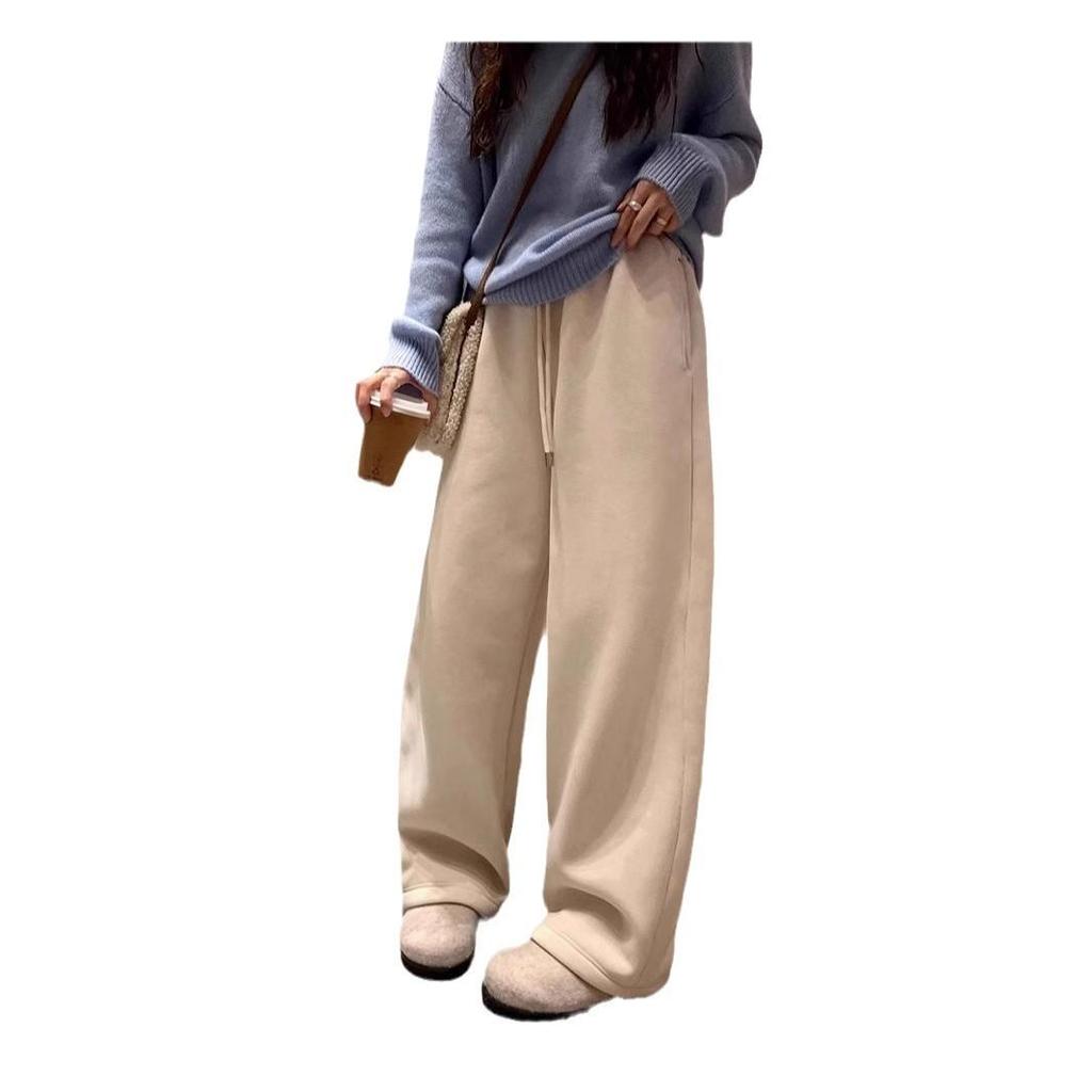 700g Lambswool Heavyweight Fleece Brushed Women's High-Waist Wide-Leg Warm Trousers