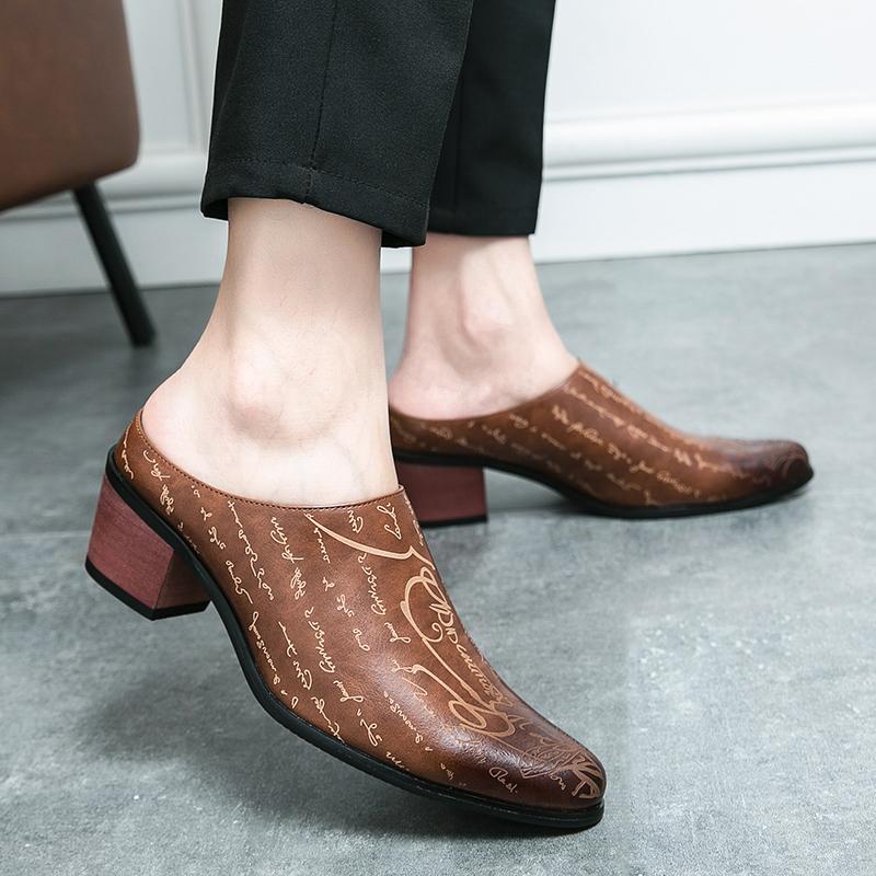 Fashion New Summer High Heel Mules Men Half Shoes For Man Leather Slippers Mens Casual Shoes Formal Loafers Dress Male Slides Sandals
