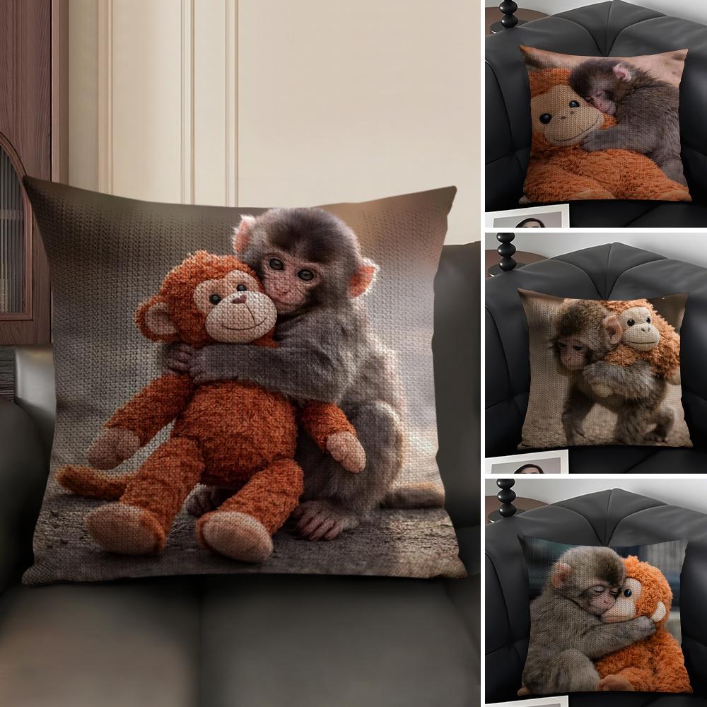 Punch Monkey Cute Cushion Cover Natural Linen Organic Fabric Double-Sided Printing Sofa Home Decor Gift Pillow Case