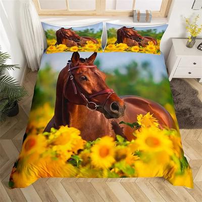 Copripiumino 3D Cavallo Misura King Queen Girasole Giallo Set Biancheria da Letto Tema Floreale Animale Copripiumino Fauna Selvatica Copripiumino Morbido