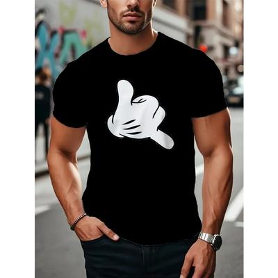 European Sizes Fashion Men'S Plus Size 3D Graphic Print T-Shirt | Black with White Hand Gesture Design, Regular Fit, Short Sleeve, Round Neck