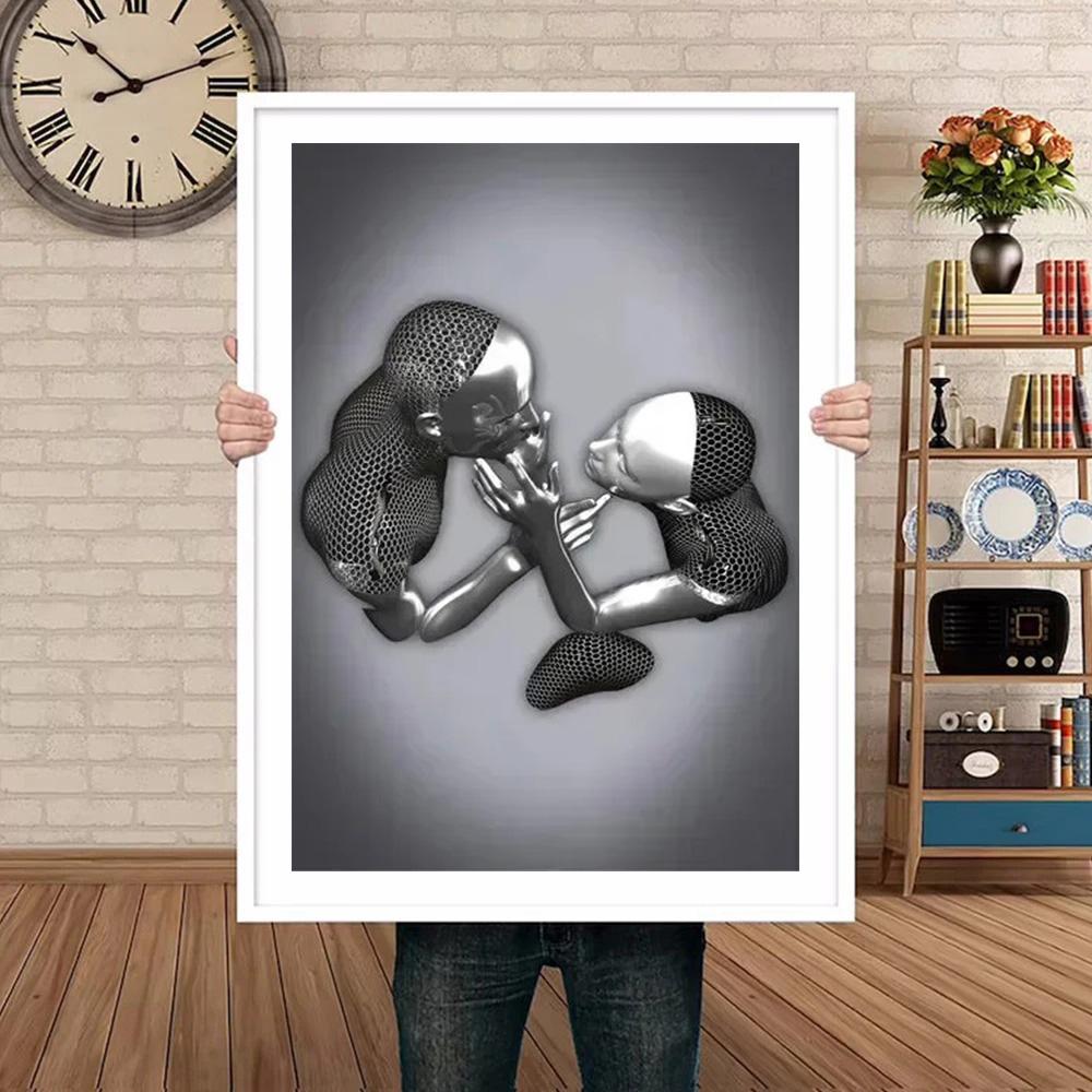 Metal Figure Statue Art Poster High Definition Printing Canvas Painting Prints Couple Sculpture Living Room Home Decor Picture