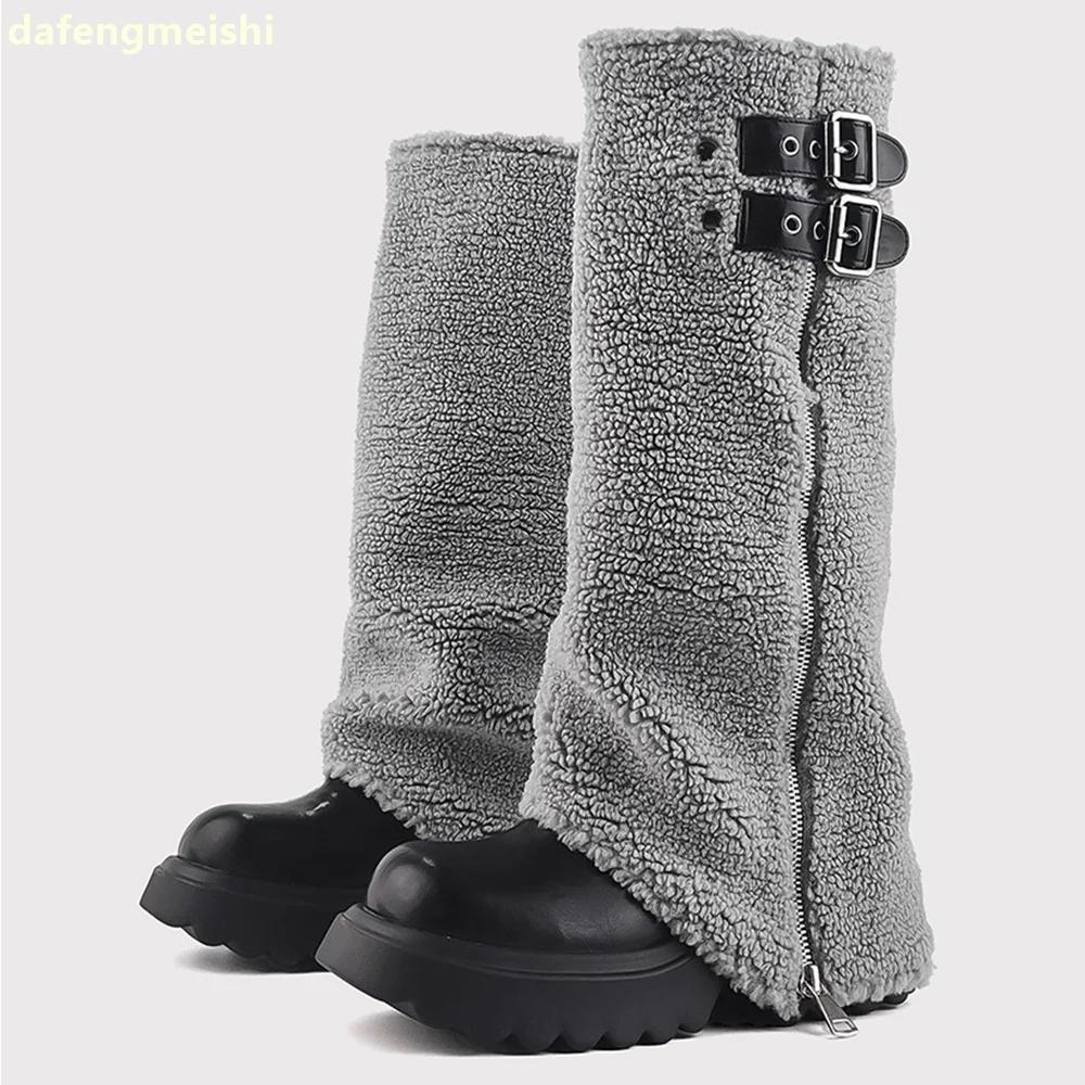 2025 New Winter Snow Boots Gray Fur Zipper Sleeve Shark Boots Platform Heightening Women Mixed Color Knee-High Boots