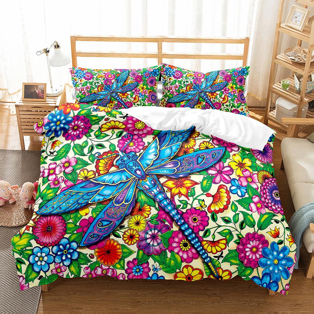 Dragonfly Duvet Cover Set Art Painting Animals Pattern King Queen Size Polyester Comforter Cover for Kids Boys Girls Bedding Set