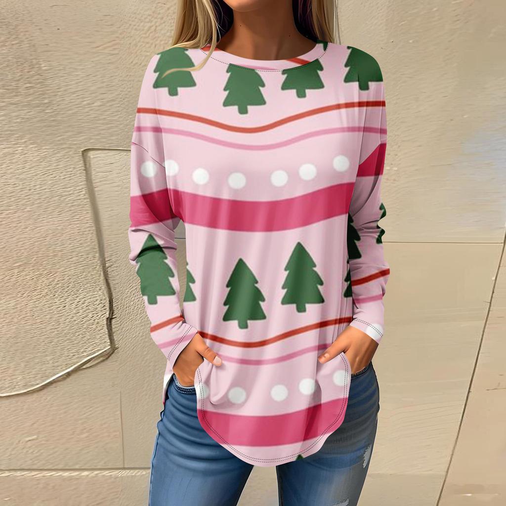 Футболки для женщин, осенние повседневные рубашки с длинными рукавами, толстовка с ретро-принтом, топ для рождественской вечеринки, пуловер