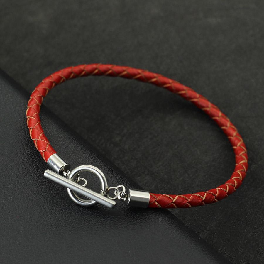 Fashion Mens Genuine Leather Bracelet Stainless Steel OT Buckle Bangle 4mm Thin Braided Pulsera De Cuero Red Wrap Braslet Joias