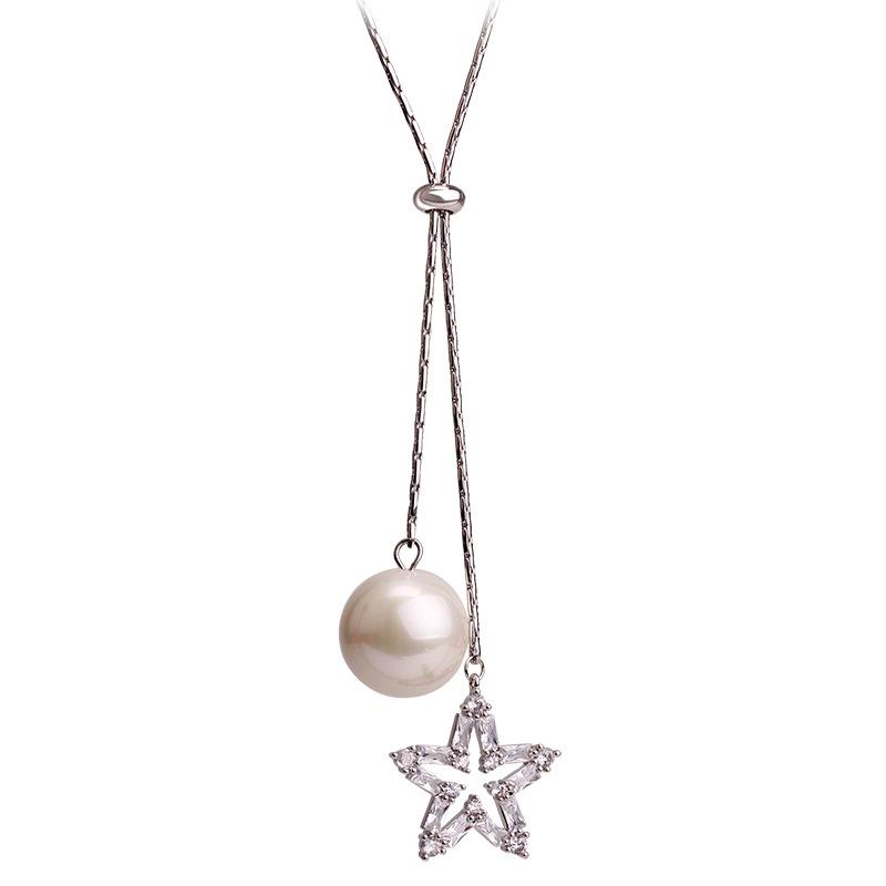 Japanese And Korean Fashion Temperament, Five-Pointed Star Pendant, Sweater Chain, Women'S Simple Long Pearl Tassel Necklace, Accessories