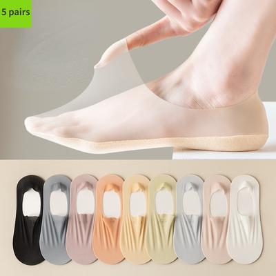 5Pairs Summer Invisible Silicone Anti-slip Socks No Show Ultra-thin Breathable Sock Solid Color Ice Silk Low Cut Boat Socks