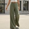 Bequeme Hose Baumwolle Leinen Weites Bein für Damen, Lockerer Knopf Elastischer Bund Arbeitsbund Freizeit Hose, Einfarbige Palazzo mit Taschen