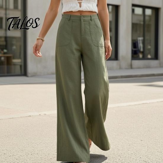 Bequeme Hose Baumwolle Leinen Weites Bein für Damen, Lockerer Knopf Elastischer Bund Arbeitsbund Freizeit Hose, Einfarbige Palazzo mit Taschen