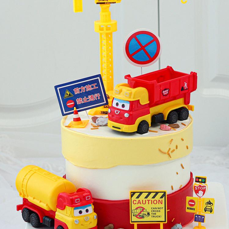 Construction Vehicle Cake Toppers: Excavator, Bulldozer, Roadblock Inserts, Figurines for Boys' Birthday