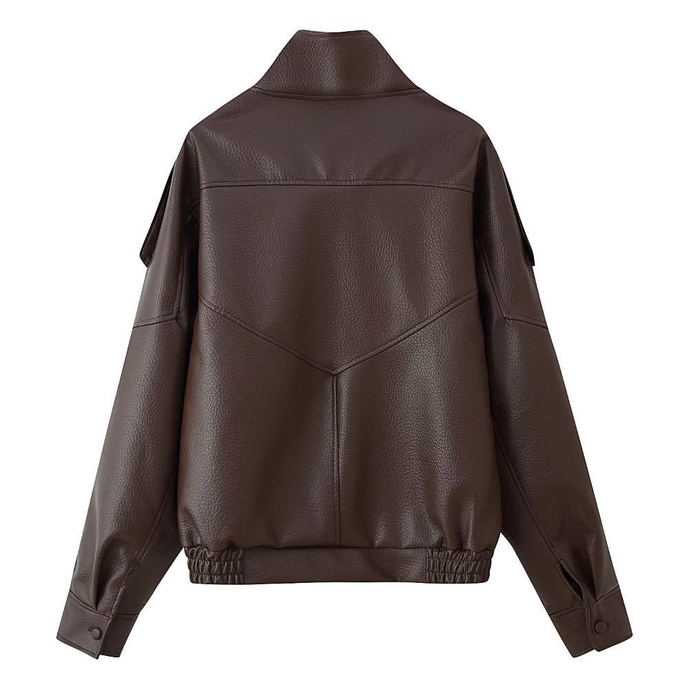 Women's Stand Collar Long Sleeve Jacket Oversized Streetwear Faux Leather Moto Coat