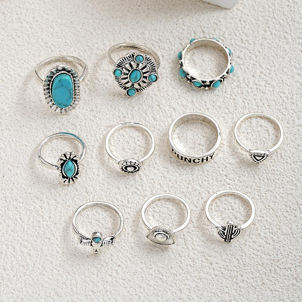 10pcs Trendy Western Style Rings Set for Women Men Vintage Turquoise Bull Head Lotus Sun Design Ring Daily Outfits Jewelry Gifts