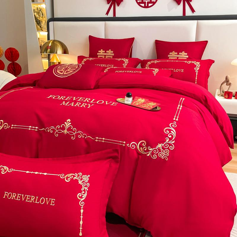 Clever Plan for Washing Cotton Wedding Four Piece Set, Red Embroidery Wedding Four Piece Set, Festive Wedding Four Piece Set