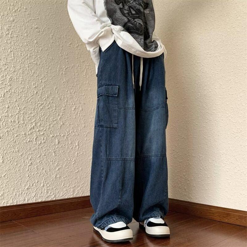 Men/Women Oversized Cargo Pants Vintage Drawstring Multiple Pockets Elastic Waist Solid Color Baggy Denim Pants Wide Leg Trouser