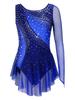 Girls Shiny Rhinestone Contrast Color Performance Dress Round Neck Asymmetrical Split Skating Dance Gymnastics Gown