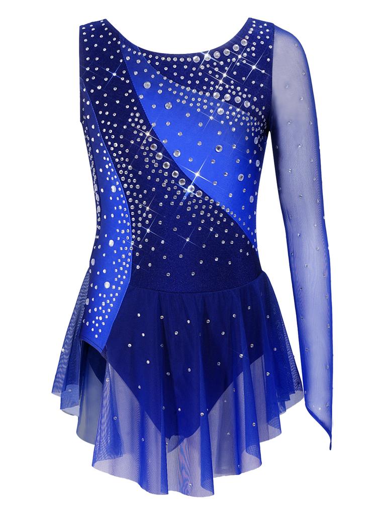Girls Shiny Rhinestone Contrast Color Performance Dress Round Neck Asymmetrical Split Skating Dance Gymnastics Gown