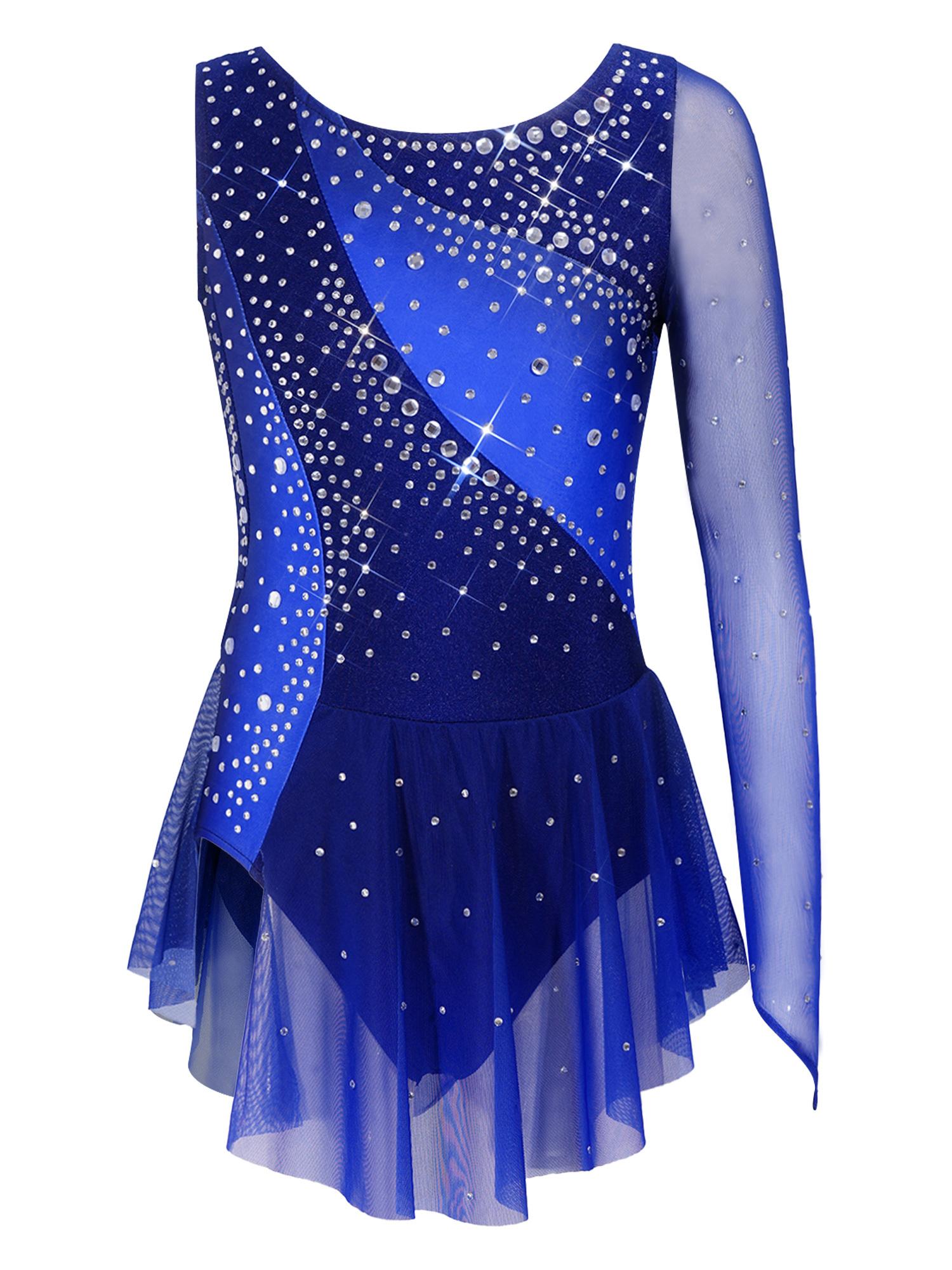 Mädchen Glitzer Strass Kontrastfarbe Performance Kleid Rundhalsausschnitt Asymmetrischer Schlitz Eislaufen Tanz Gymnastik Gewand 5-6 Years navy blau