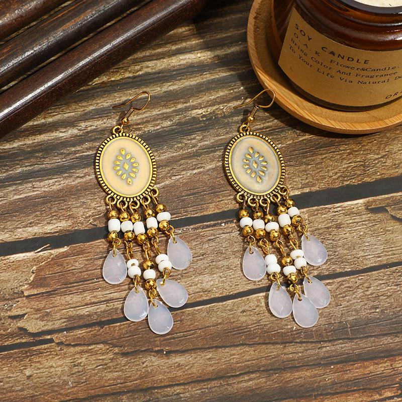 Bohemian Cross-Border Handmade Water Drop Rice Bead Tassel Earrings for Travel Photography