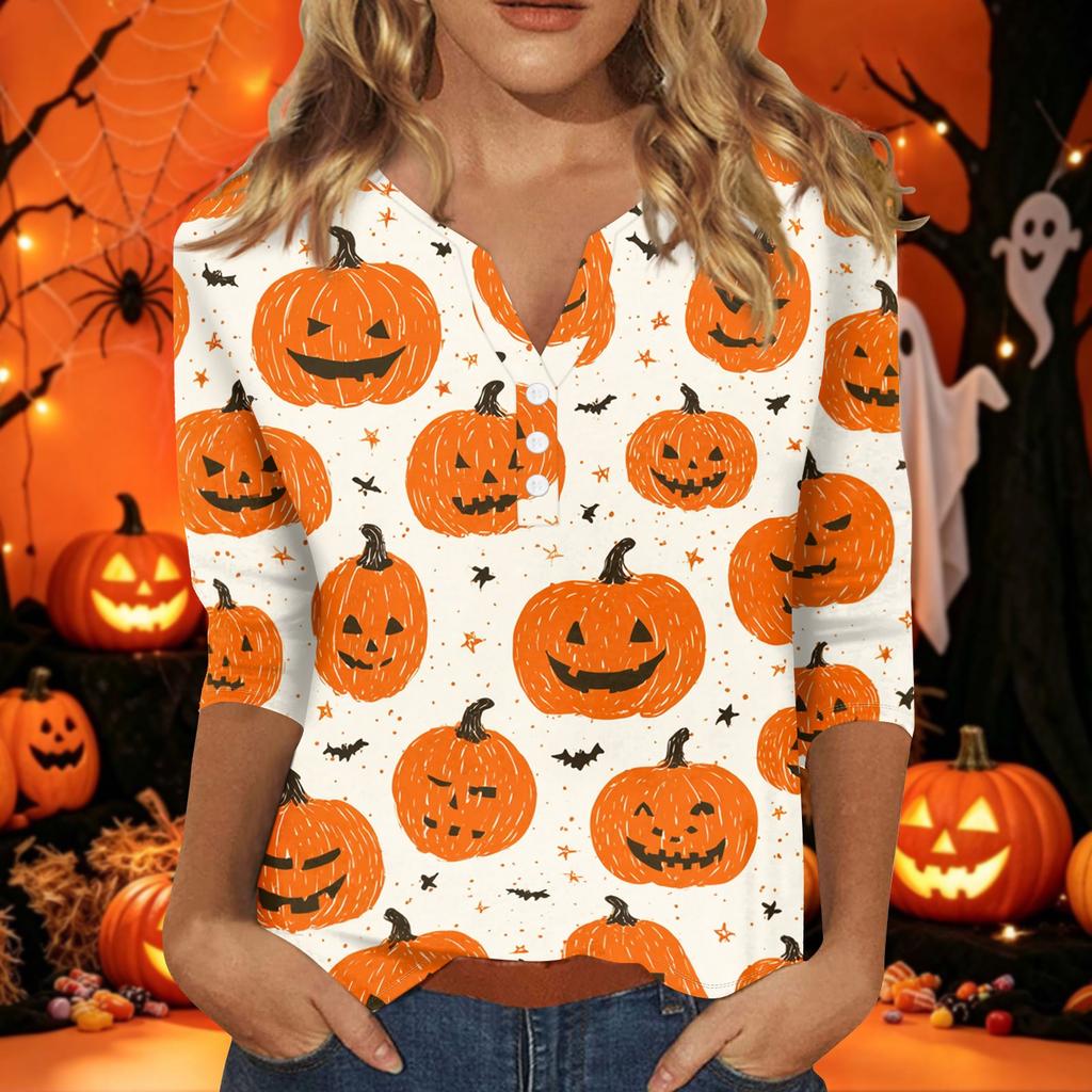 Women's Halloween Printed V-Neck Short Sleeve Tunic with Button and 3/4 Sleeves for Casual Fall Wear