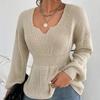 Women's V-Neck Long-Sleeve Ruffle Waist Solid Color Pullover Sweater - European & American Fashion