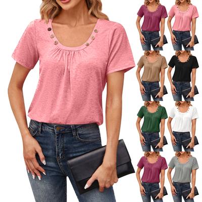 Damenmode Locker Einfarbig Knopf Quadratischer Ausschnitt Plissee T-Shirt Kurzarm Top