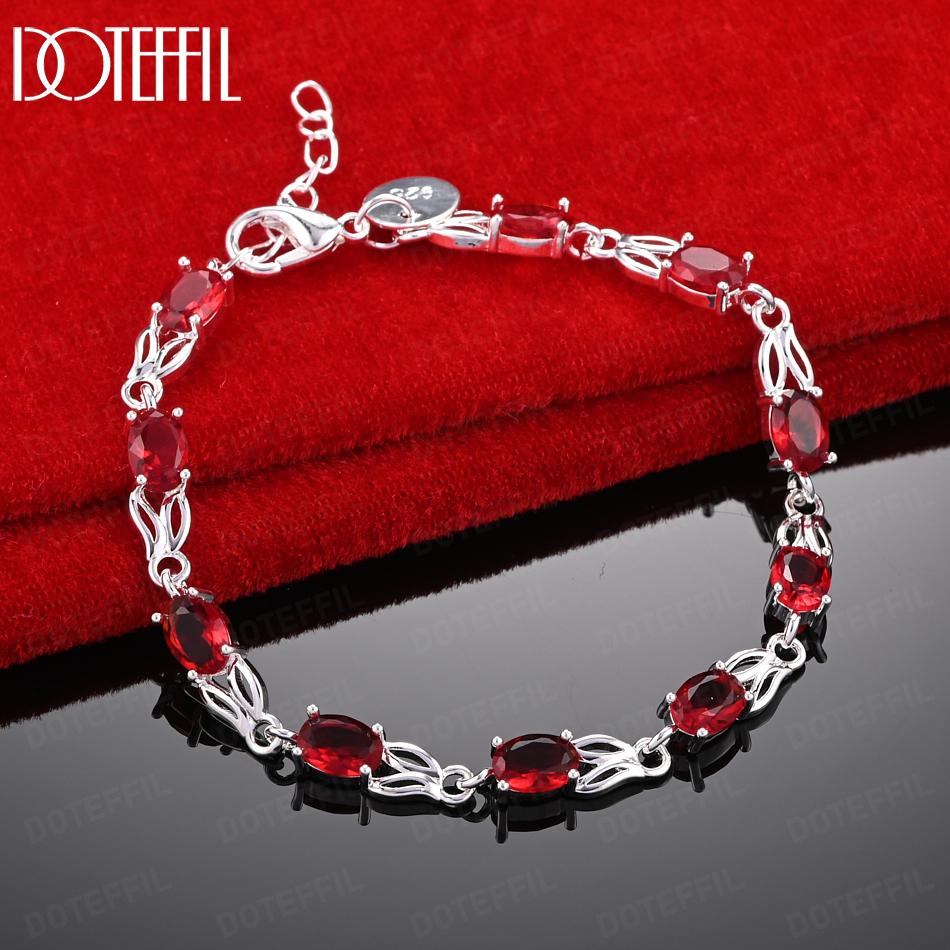 925 Sterling Silver Wedding Jewelry Gift Red AAA Zircon Bracelet