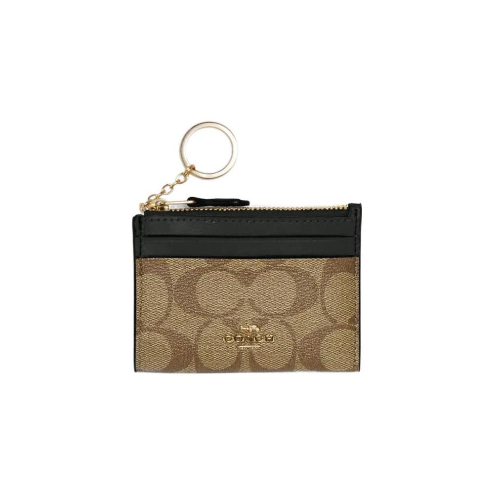 New COACH Mini Id Skinny Coated Canvas With Smooth Leather Document Wallet Card Holders Mini Women's Brown & Dark Green 88208-IMRQE
