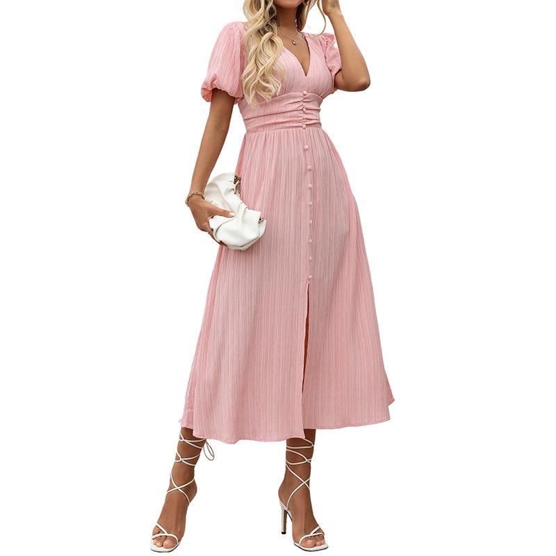 2026 Women's Summer V-neck Slit Dress with Bubble Short Sleeves, Mid-length