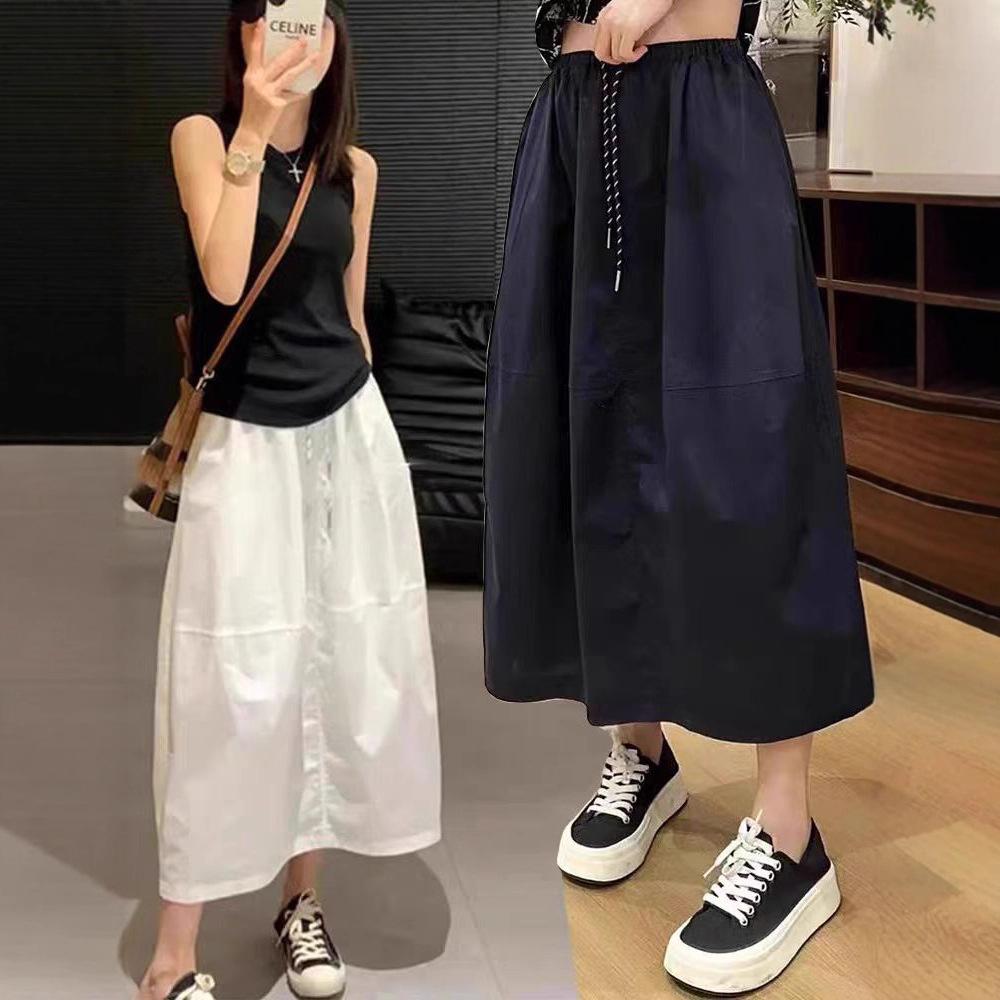 Women's Elastic Waist Drawstring Midi Skirt Loose Fit Solid Color A-Line Casual Skirt