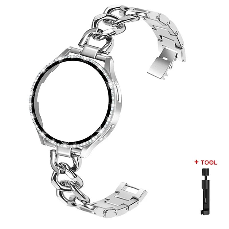 

Bling Case+Bracelet for Samsung Galaxy Watch 7 6 5 4 40mm 44mm Metal Cowboy Chain Strap Screen protector Galaxy Watch 4 5 6 Band galaxy watch 6 44mm серебряный