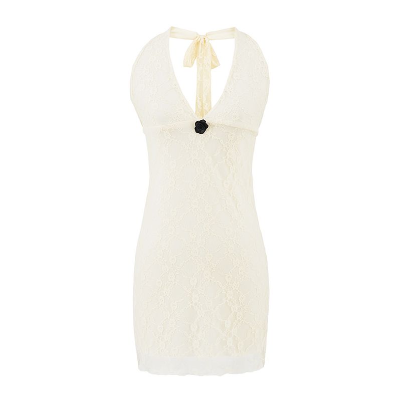 Faxiang Fulei Motel American Vintage Sexy Deep V-neck Small Rose Backless Halterneck Skirt Holiday Style Dress