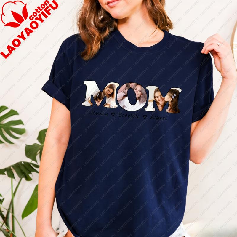 with Kids Names Unique Happy Mothers Day Gift for Family Tee Custom Photo Simple Letters Graphic Tshirts Regular Short Sleeve