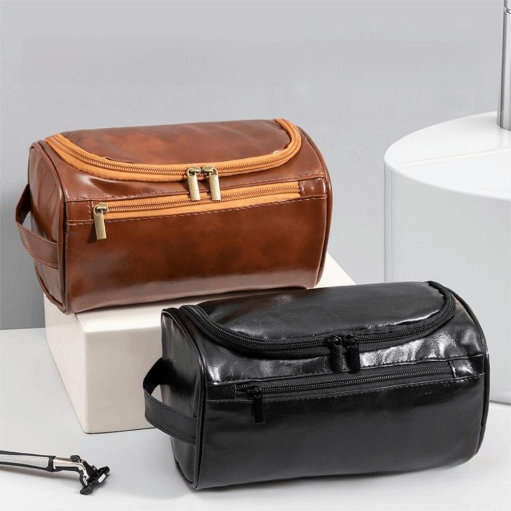 PU Leather Travel Wash Bag Large Capacity Storage Handbag Portable Hanging Toiletry Bag Father