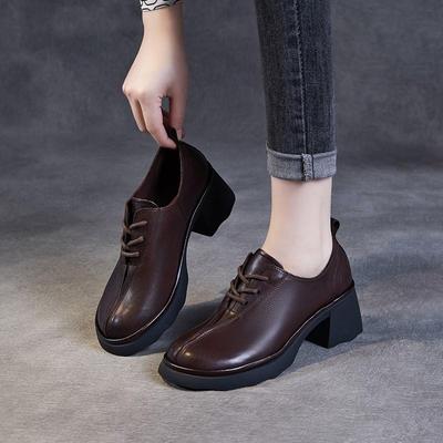 Sznurowane, skórzane, brytyjskie czółenka, grube obcasy, buty damskie w stylu retro