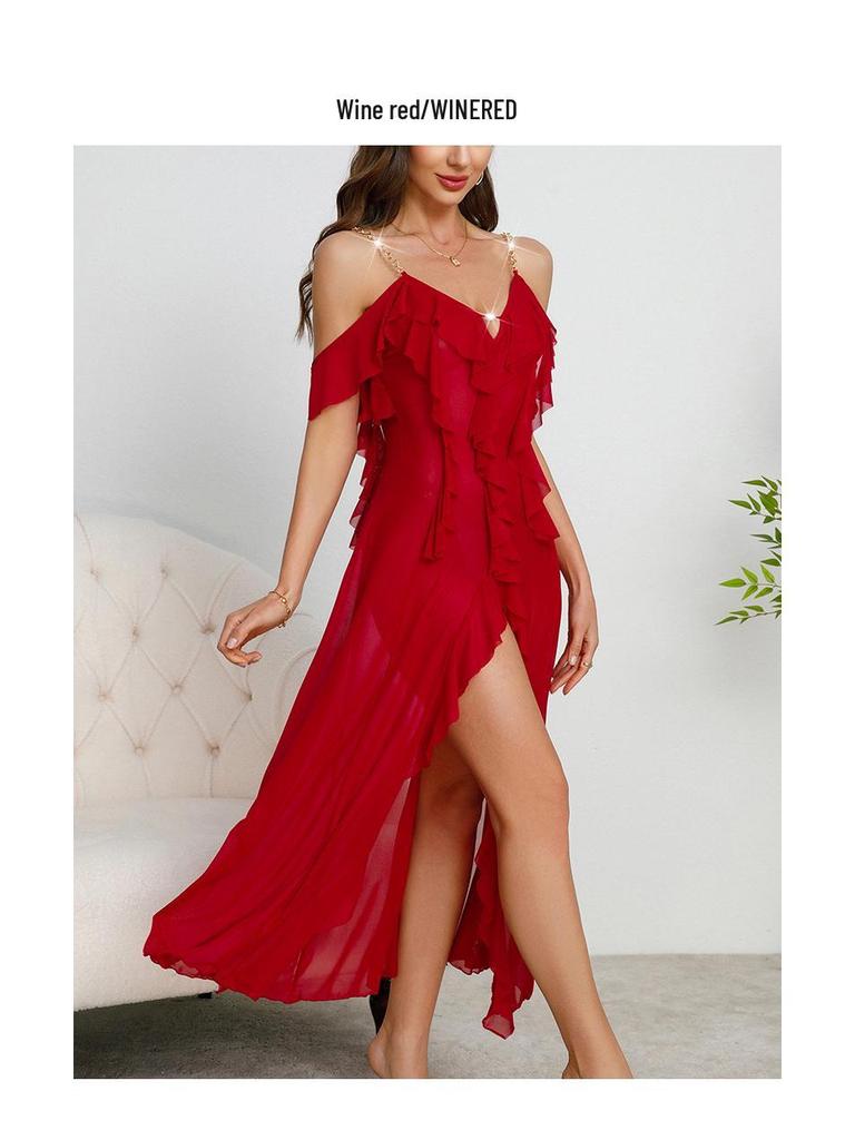 Women's Ruffle Sling Mesh Backless Nightdress - Multi-color Options