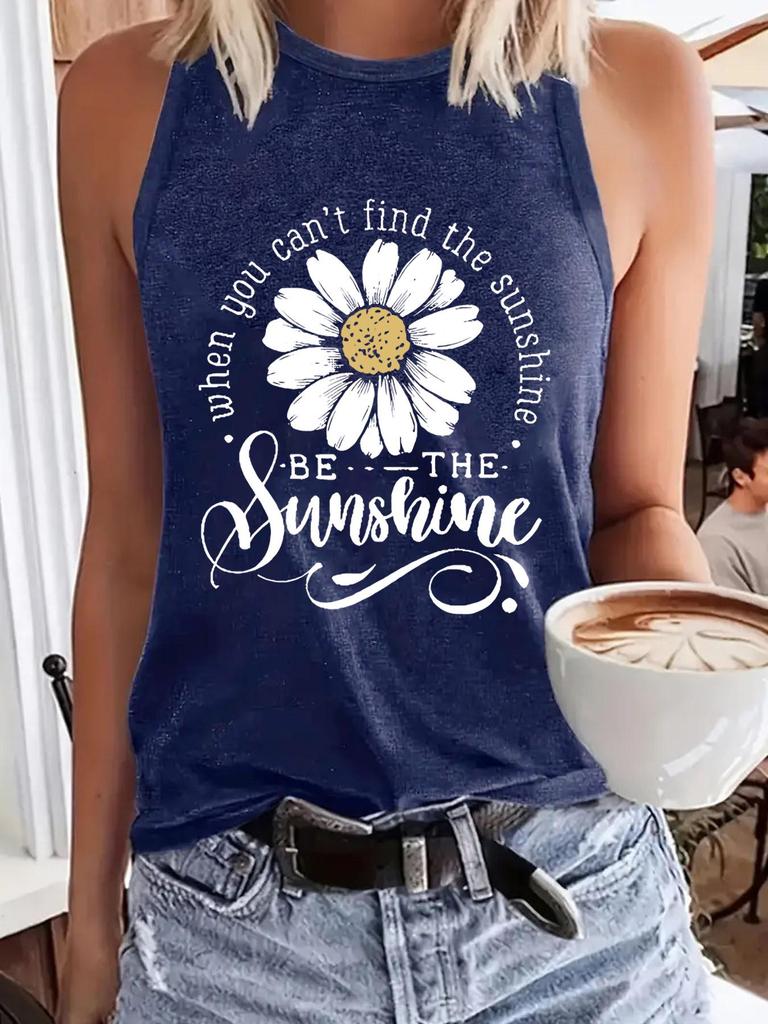 Floral Print Sleeveless Round Neck Women's T-Shirt Pullover Vest for Spring/Summer