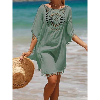 Boho Style Crochet Cover Up, Round Neck Hollow Out Tassel Decor Loose Fit Cover Up Women's Swimwear